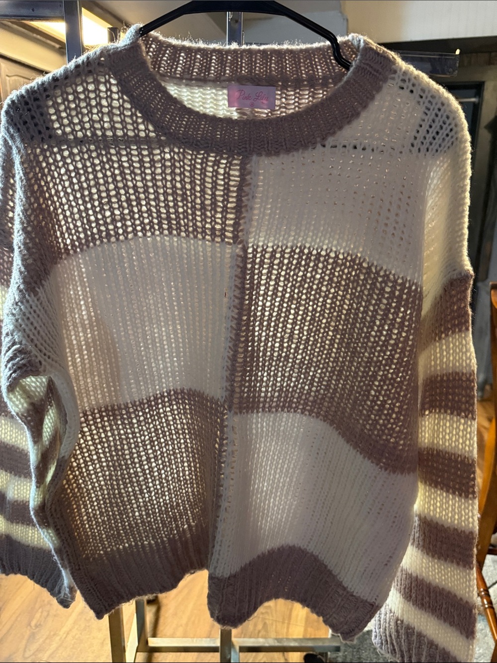Pink Lily Cream and Mauve Striped Open-Knit Crew Sweater